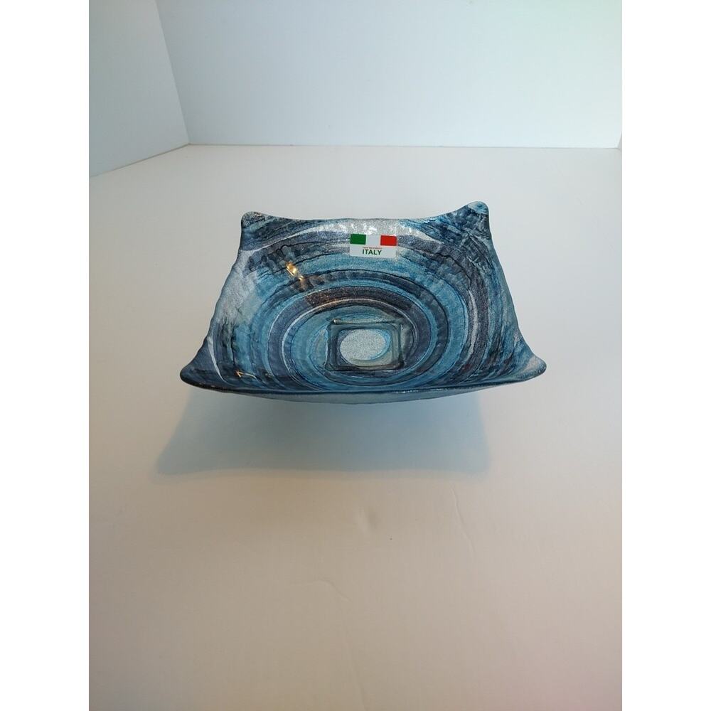 Murano Style Italian Blue/Silver Swirl Slumped Art Glass Square 8" Dish